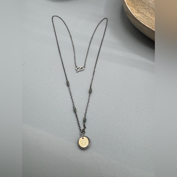 18k & Sterling Silver Necklace with gray-green sapphire beads and etched quote - Picture 10 of 12
